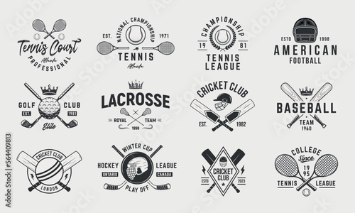 Sport vintage logo set. Set of 12 sport logo templates. Trendy emblems, labels, posters. Vintage graphics for Tennis, Billiards, Baseball, Football, Lacrosse, Hockey, golf. Vector illustration