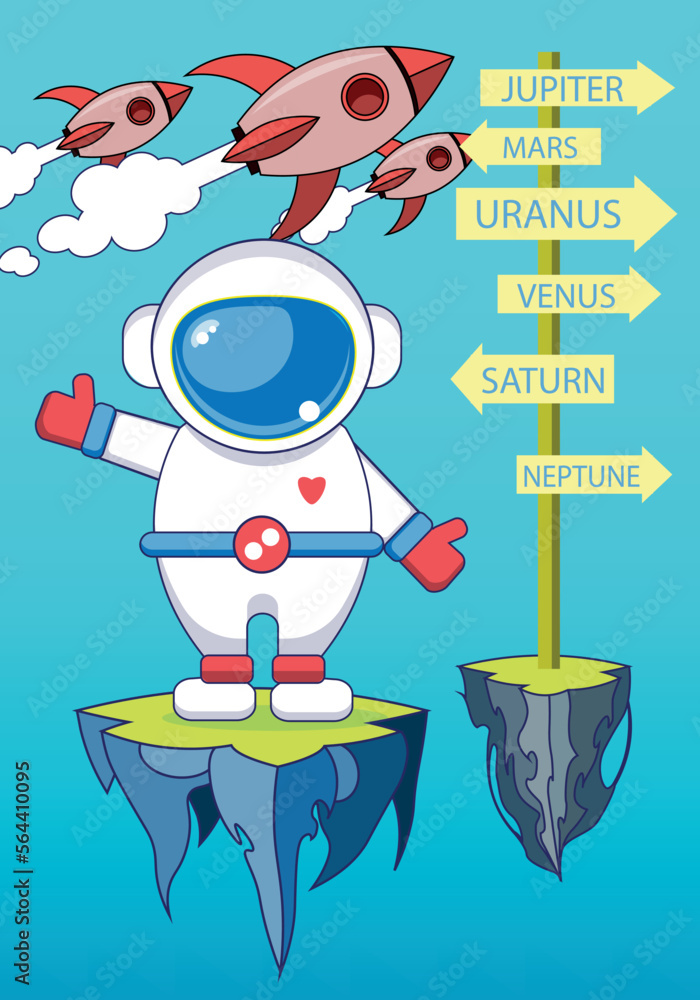 vector illustration of an astronaut traveling in space to the planets of the solar system