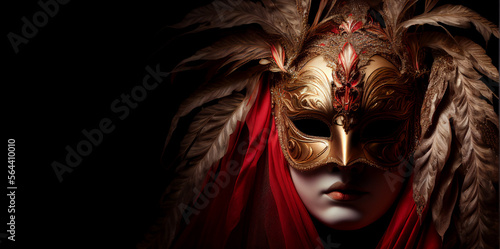 Venetian mask woman beautiful face front view looking at camera red dark mistery fantasy masquerade banner copy space dark illustration. Generative AI