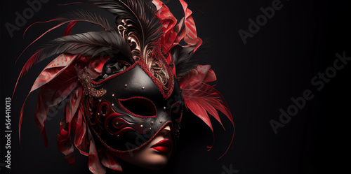 Venetian mask woman beautiful face black and red dark mistery fantasy masquerade banner copy space dark illustration. Generative AI