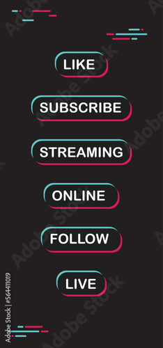 Social media call to action buttons. Streaming live online, follow, like and subscribe. Click here.