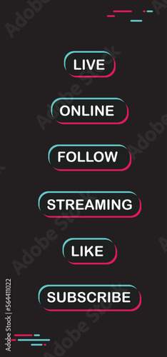 Social media call to action buttons. Streaming live online, follow, like and subscribe. Click here.