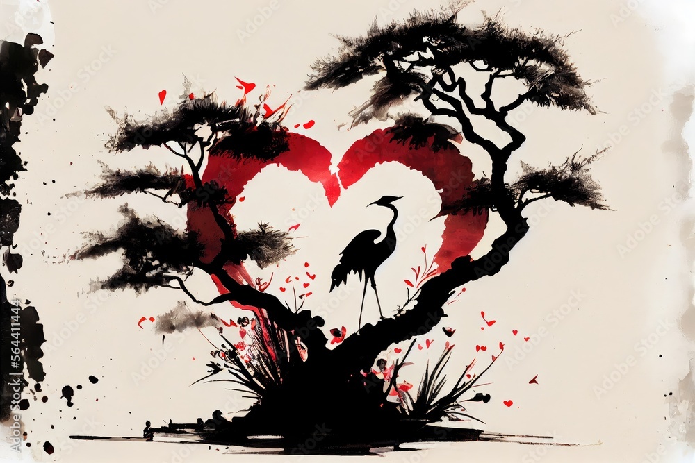 Love birds sitting on a heart shaped tree, japanese watercolor sumi-e style