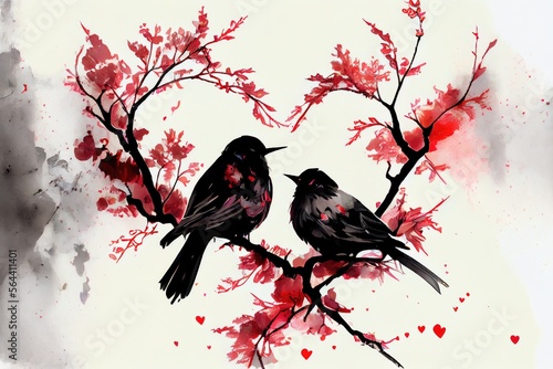 Love birds sitting on a heart shaped tree, japanese watercolor sumi-e style