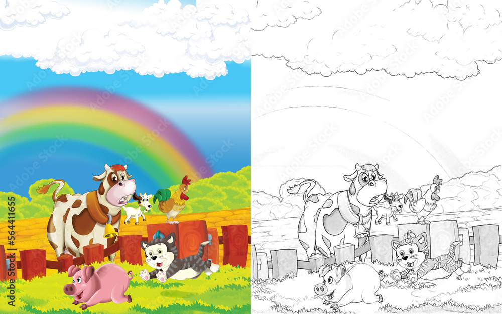 Obraz premium cartoon scene with cow having fun on the farm on white background - illustration for children
