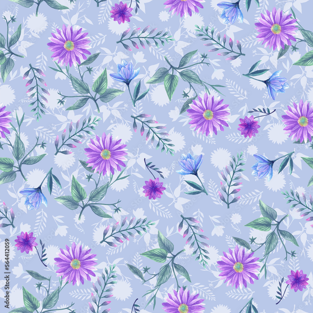 Pastel purple and blue flowers seamless pattern Pastel purple and blue flowers seamless pattern