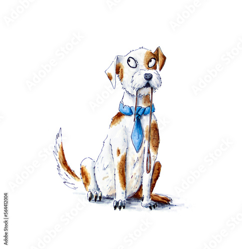 Hand drawn illustration of a smart dog ready for walk