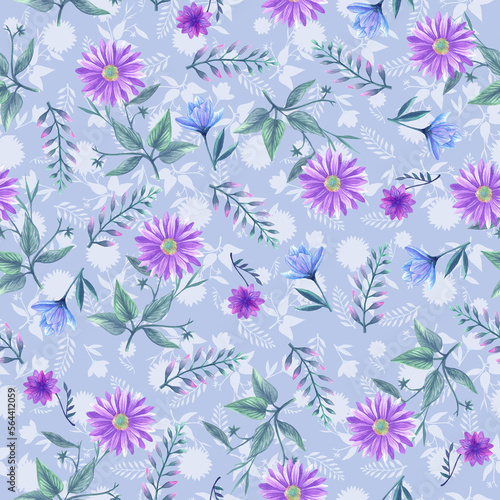 Pastel purple and blue flowers seamless pattern