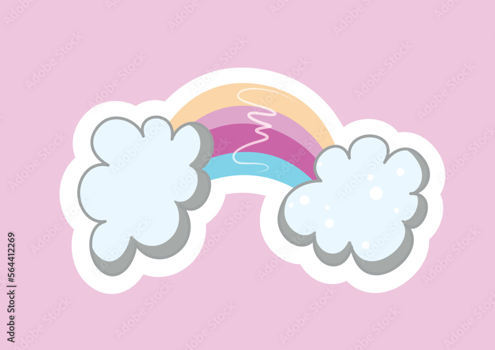 Clouds with rainbow sticker. Symbol of love, tenderness and care. Dream, imagination and fantasy. Design element for invitation and greeting card. Magic and sorsery. Cartoon flat vector illustration
