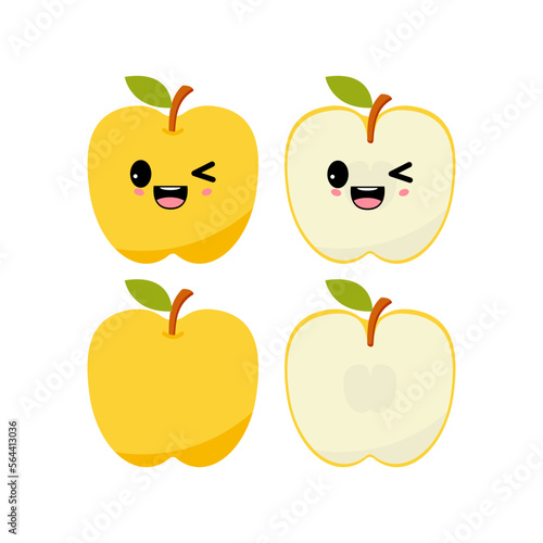 Frisky apple with kawaii emoji. Flat design vector illustration of yellow apple on white background