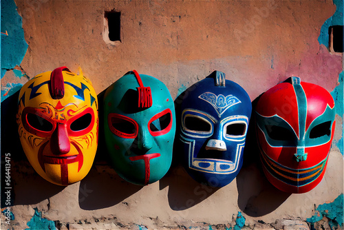 colorful Mexican wrestling masks hanging from a wall, generative AI