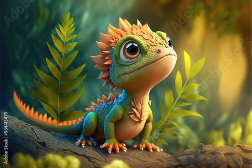 a cute adorable baby dragon lizard 3D Illustation stands in nature in the style of children-friendly cartoon animation fantasy style 