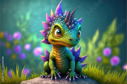 Photo a cute adorable baby dragon lizard 3D Illustation stands in nature in the style