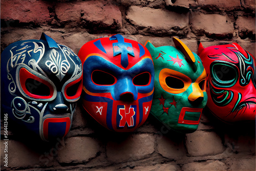 colorful Mexican wrestling masks hanging from a wall, generative AI photo