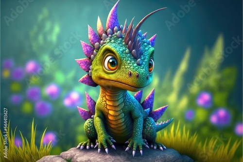 a cute adorable baby dragon lizard 3D Illustation stands in nature in the style of children-friendly cartoon animation fantasy style	