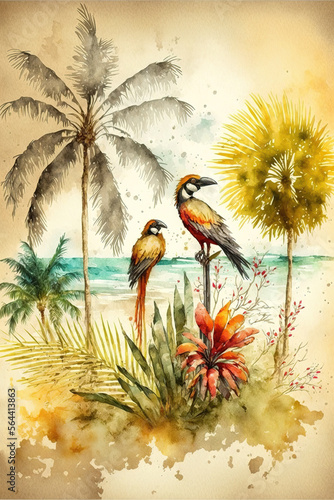 a beautiful watercolor illustration with tropical birds  generative ai technology