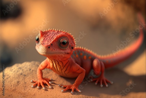a cute adorable baby red lizard generative ai rendered in the style of children-friendly cartoon animation fantasy style 