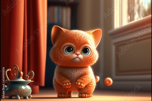 a cute adorable baby cat generative ai rendered in the style of children-friendly cartoon animation fantasy style 