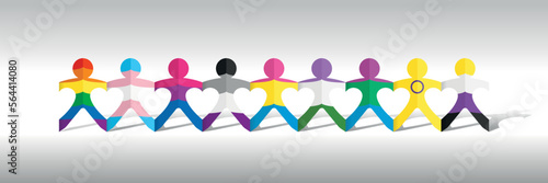 Front view of 9 Pride flags inside a paper people chain on white background. Vector image