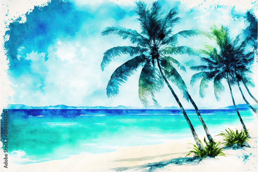 a wonderful blue themed beach island illustration, watercolor style, generative ai technology