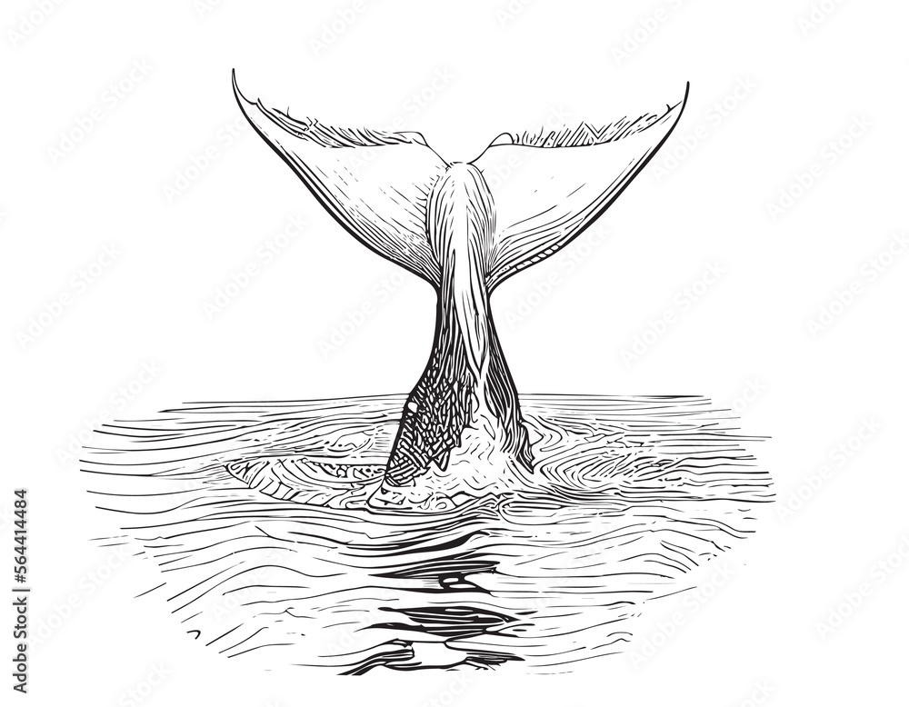 Whale tail in water sketch hand drawn Vector illustration Stock Vector ...