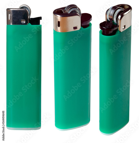 Plastic lighter filled with propane butane gas. Isolated background.