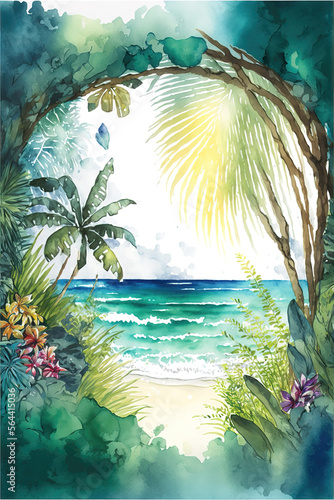 a wonderful paradise liked entrance to the beach, watercolor style, generative ai technology