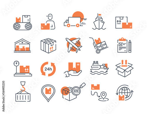 Delivery color icons set. Online shopping and home delivery, transportation and logistics. Airplane, ship, truck and scooter, courier. Cartoon flat vector illustrations isolated on white background
