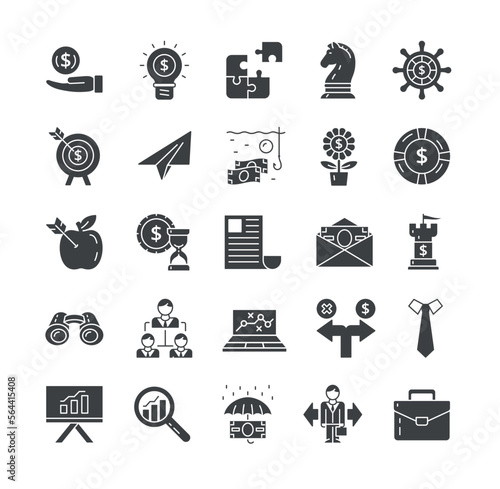 Black business strategy icons set. Collection of graphic elements for website. Planning and setting goals, vision of future concept. Cartoon flat vector illustrations isolated on white background