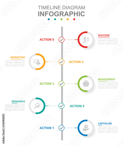 Infographic business template. 5 Steps Modern Timeline diagram calendar with vertical topics and circles. Concept presentation.