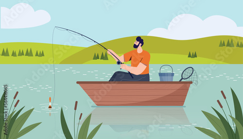 Fishing from boat. Man with fishing rod sitting on lake. Active lifestyle and recreation, sports. Outdoor recreation, weekends and vacation. Poster or banner. Cartoon flat vector illustration