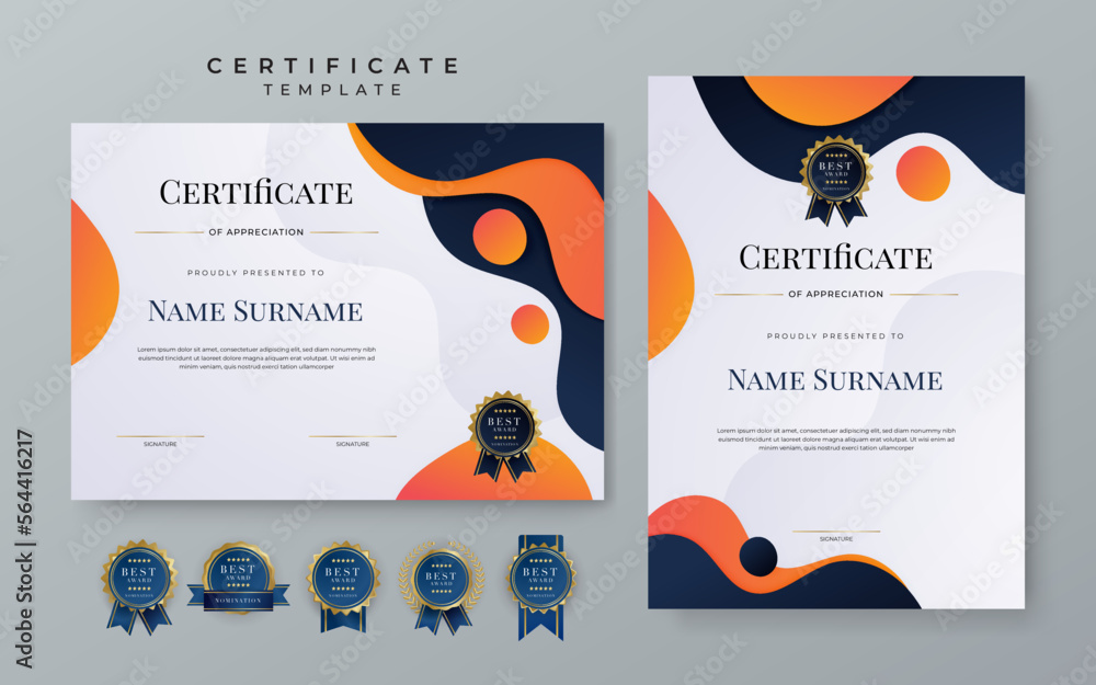 Set of modern elegant modern orange certificate design template with ...