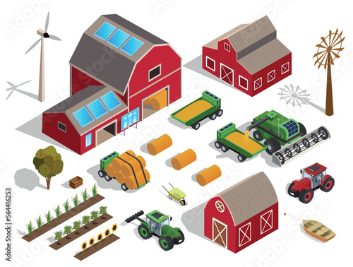 Isometric farm set. Collection of graphic elements for website. Agriculture and countryside. Barn, haystack and apple tree, harvest. Cartoon 3D vector illustrations isolated on white background