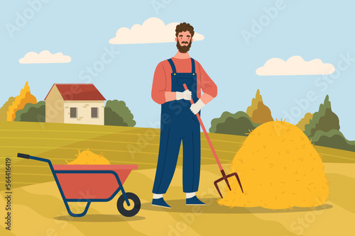 Man works in field. Young guy in workers uniform with rake puts hay in cart and transports it. Farming and agriculture, countryside. Poster or banner for website. Cartoon flat vector illustration