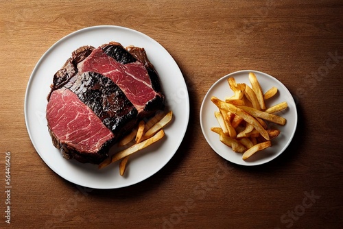 Canvastavla Roast Italian Florentine or porterhouse beef meat Steak in a plate with french fries