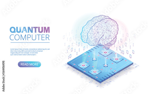 Microchip white landing. Modern technologies and digital world, gadgets and devices. Quantum computer concept. Innovations and cyberspace, IT technologies. Cartoon isometric vector illustration