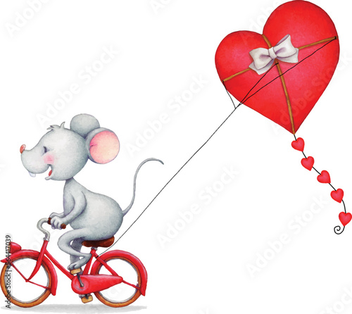 little mouse running by cycle with a heart shape kite