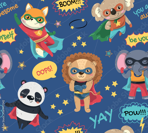 Superheroes seamless pattern. Repeating design element for printing on fabric. Fox, lion, elephant, panda in masks and raincoats. Magic, witchcraft and sorcery. Cartoon flat vector illustration