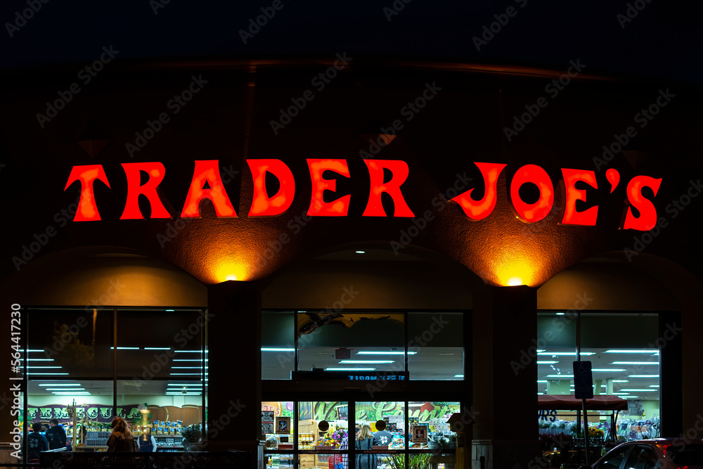 Trader Joe's entrance façade at night, on January 3, 2023, Temecula, California Stock Photo