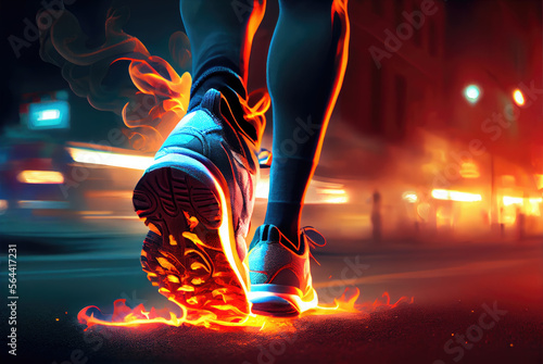 Burning sport shoes of jogger legs. Running trainers on fire flames under sole in night street. Generative AI © Roman Samokhin