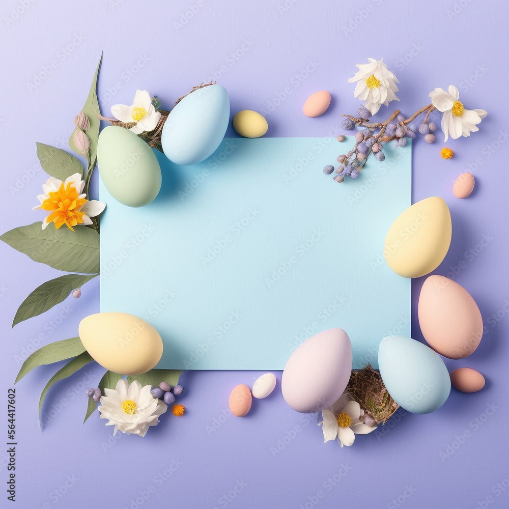Composition avec carte d'invitation de Pâques, œufs et fleurs, tons pastels et vu de dessus - Générative IA