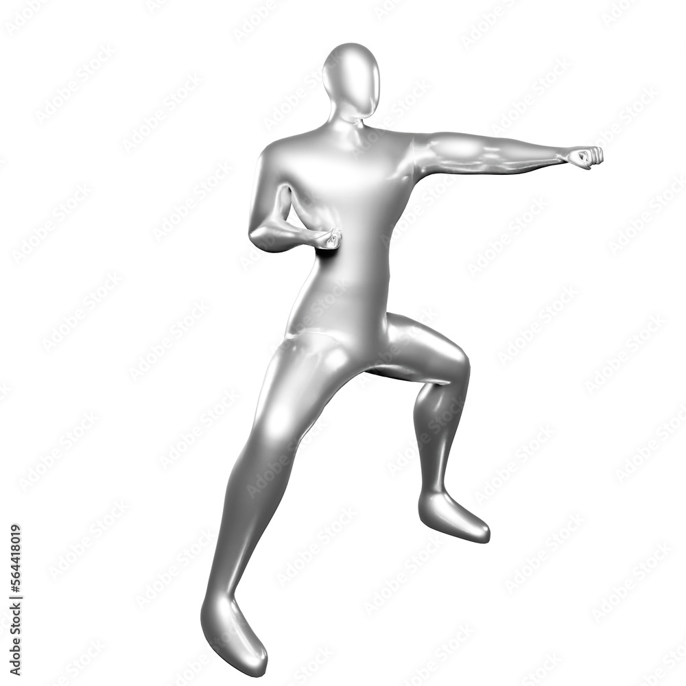 3D Render of Silver Stickman Karate Pose with Left Hand Punching - Visual Perfect for Martial Arts Fans