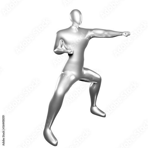 3D Render of Silver Stickman Karate Pose with Left Hand Punching - Visual Perfect for Martial Arts Fans