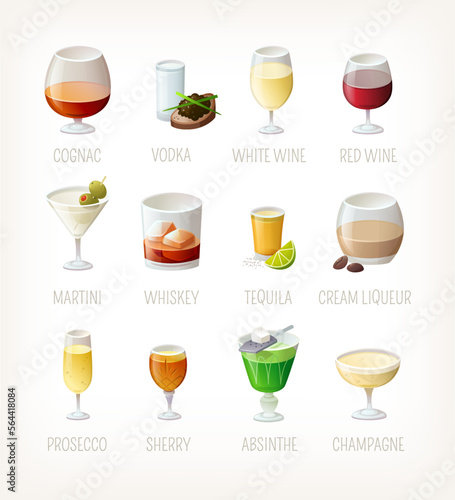 Collection of various alcohol drinks cocktails and shots in different glasses. Isolated vector images. Most famous beverages you find in bars restaurants and cafe.