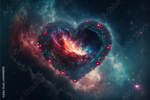 Heart-shaped space galaxy with flowers. Valentone's day abstract background. photo