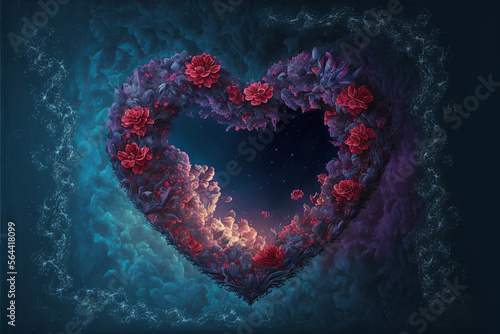 Heart-shaped space galaxy with flowers. Valentone's day abstract background. photo