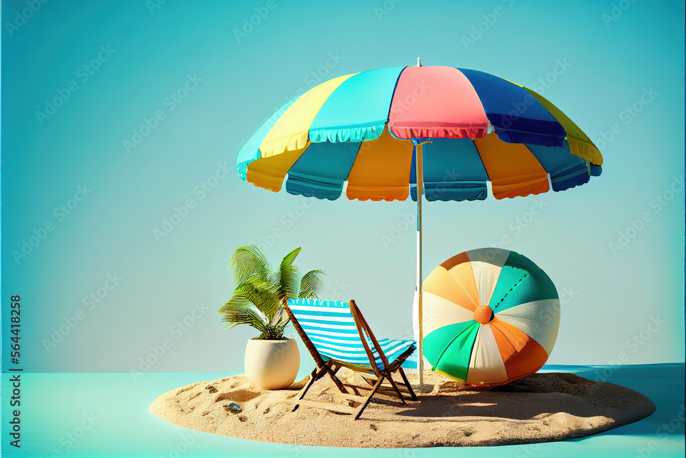 Beach umbrella with chairs beach sand summer vacation. Generative AI