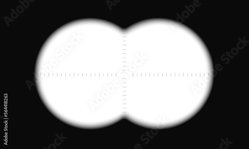 Binocular view with graphic scale and empty viewfinder field. Military, spy, hunting or tourist optical tool for following, magnifying, exploration, searching, investigation. Vector illustration