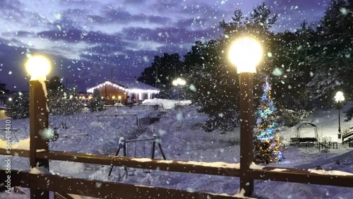 Snowy place and Christmas trees decorated by lights garlands. Festive background with magic forest. Merry Christmas and Happy New Year. Winter background with falling snowflakes . Christmas winter New photo