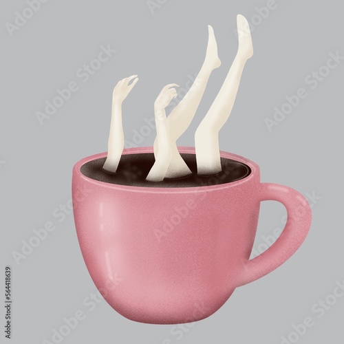 illustration on a gray background. The girl plunged into a cup of coffee. legs and arms stick out of dark coffee, tea, a cup of tea, coffee. coffee lover
